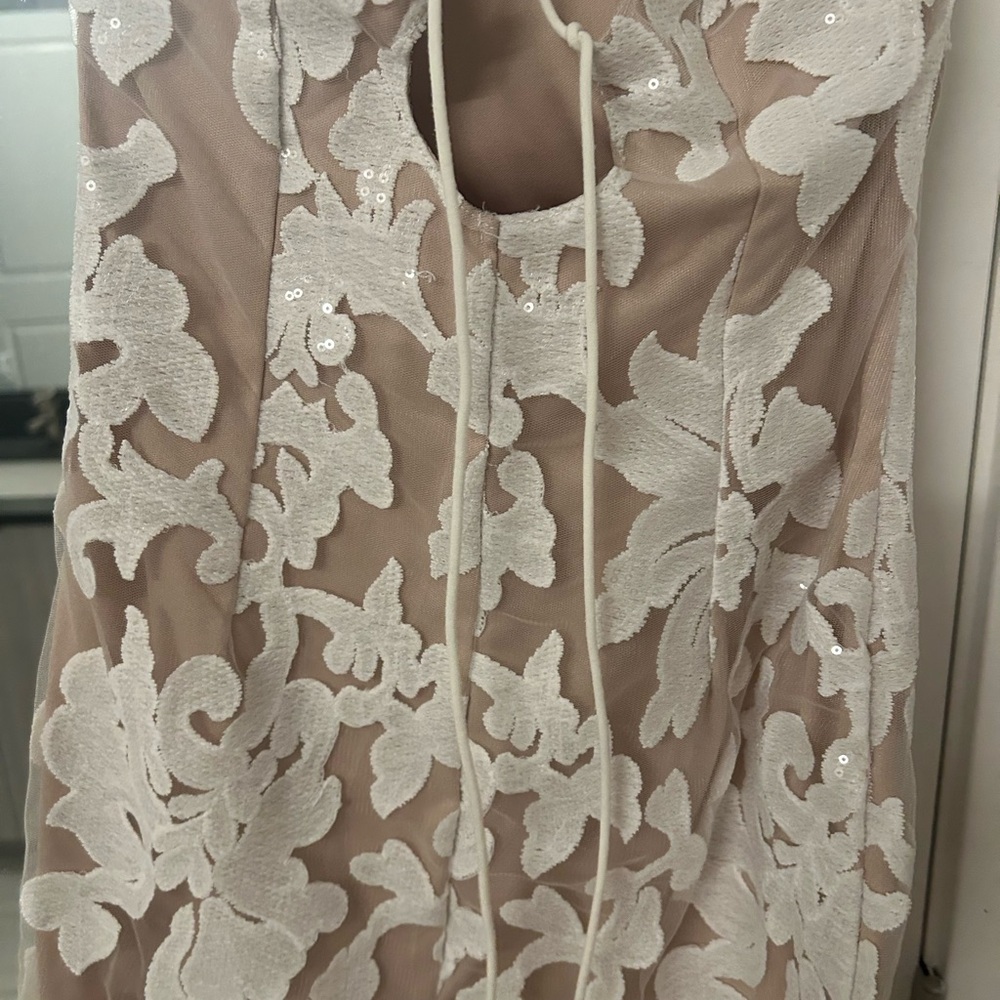 L'ATISTE White Lace Overlay Mini Dress with Nude Lining - Picture 11 of 15